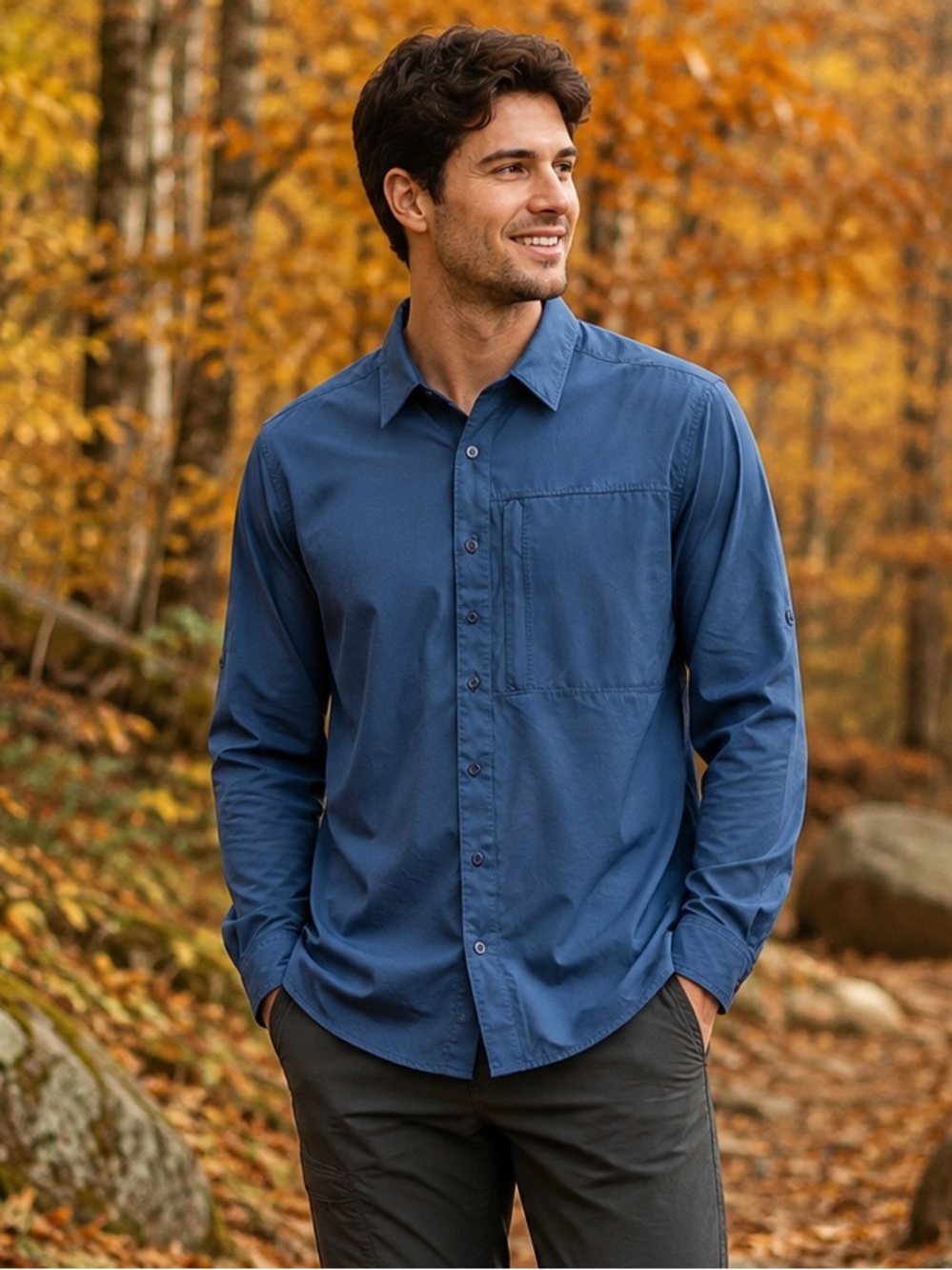 Mountain Hardwear Men Stretch Button Up Hiking Shirt Blue Size Medium Fall